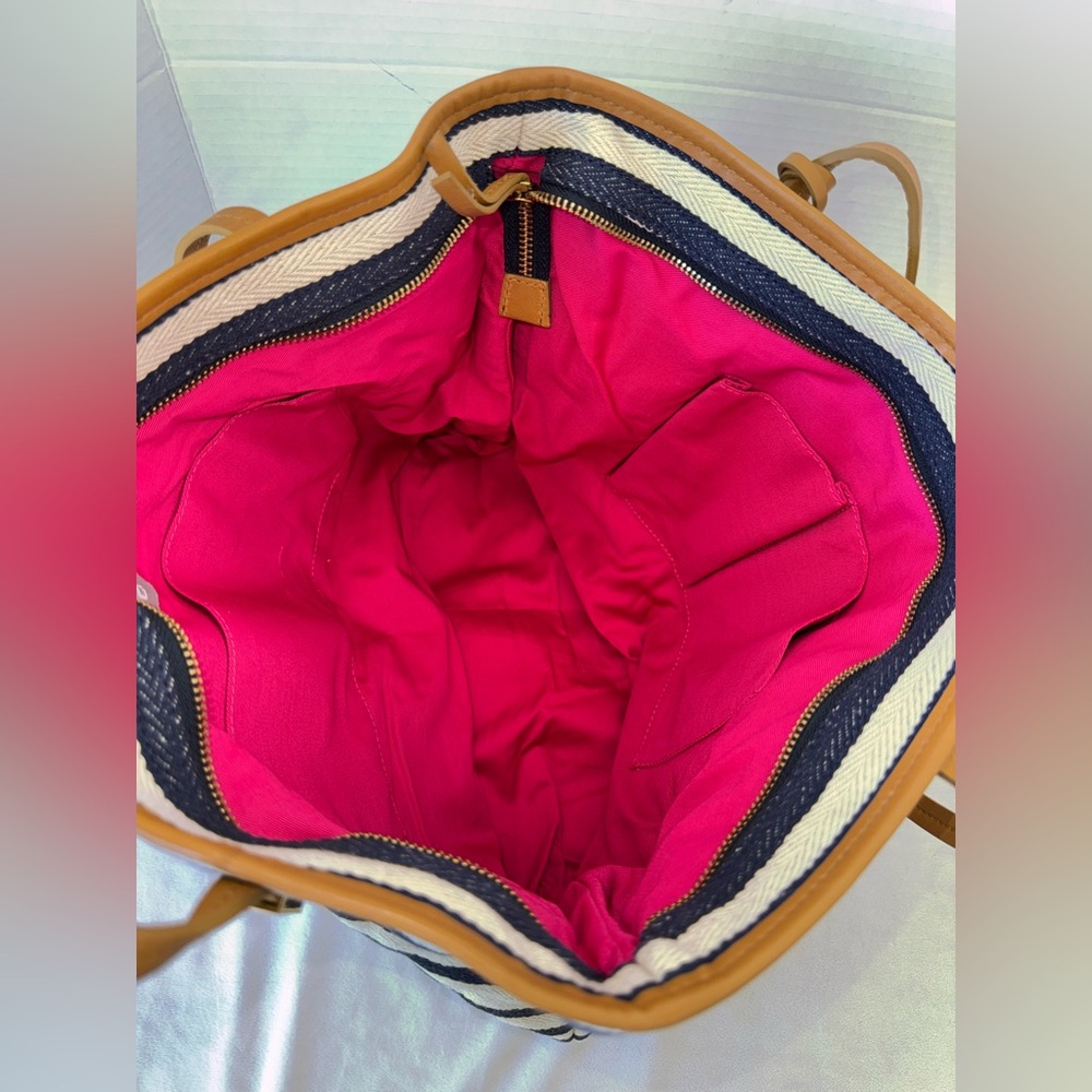 Chico's Striped Vibrant Floral Embroidered Cotton Leather Tote Shoulder Purse - Picture 12 of 14